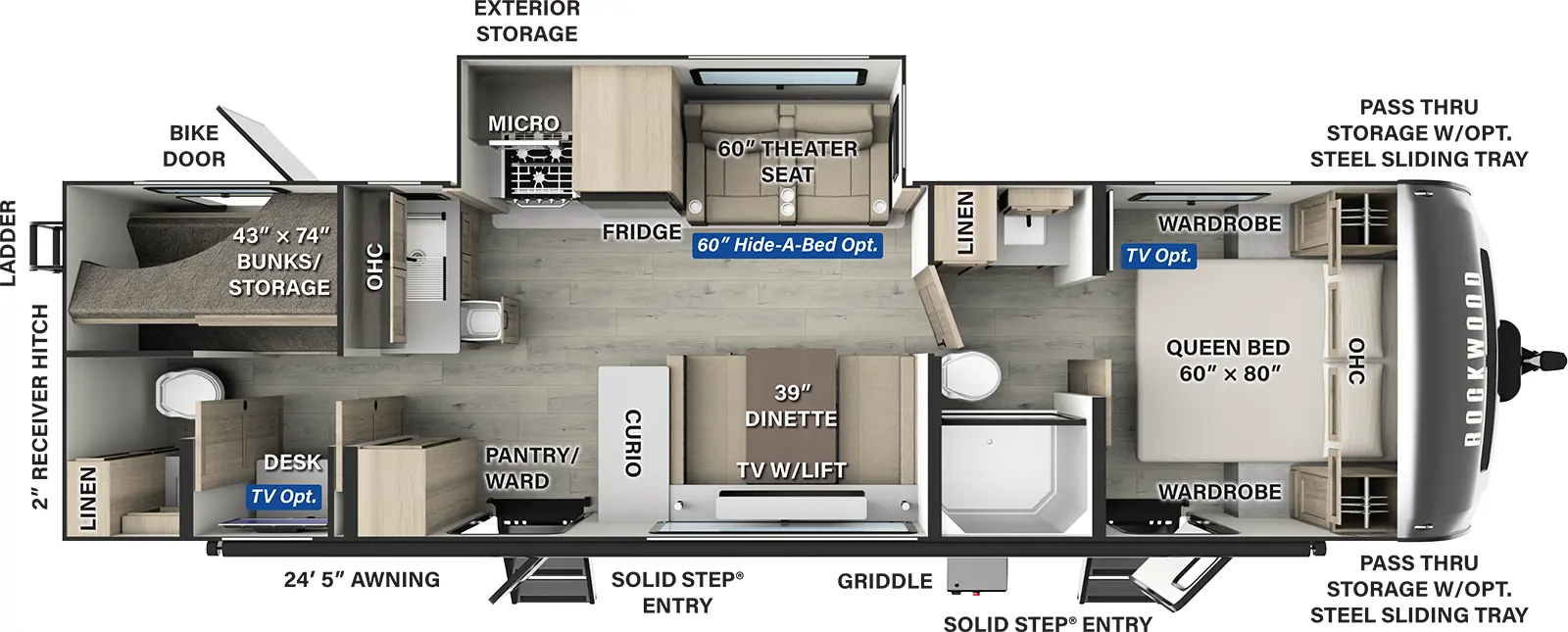 The Rockwood Ultra Lite Travel Trailers 2918BH floorplan has two entries and one slide out. Exterior features include: fiberglass exterior and 24'5" awning. Interiors features include: bunk beds, front bedroom, pass through bathroom and bathroom and a half.